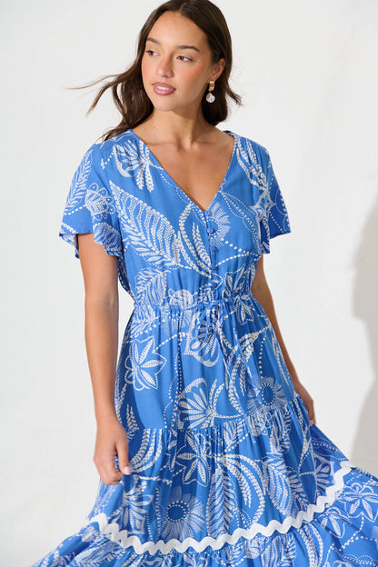 Laconia Midi Dress In Blue Print with Ric Rac Trim