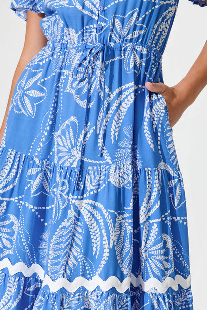 Laconia Midi Dress In Blue Print with Ric Rac Trim