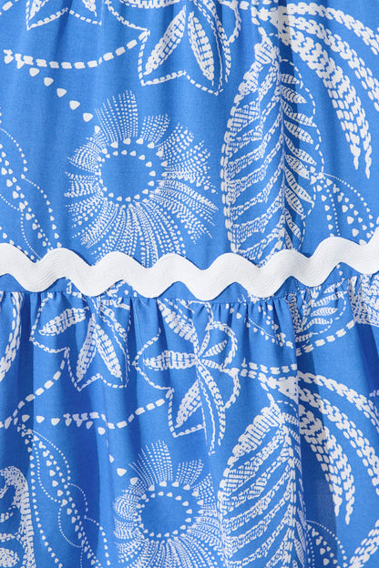 Laconia Midi Dress In Blue Print with Ric Rac Trim
