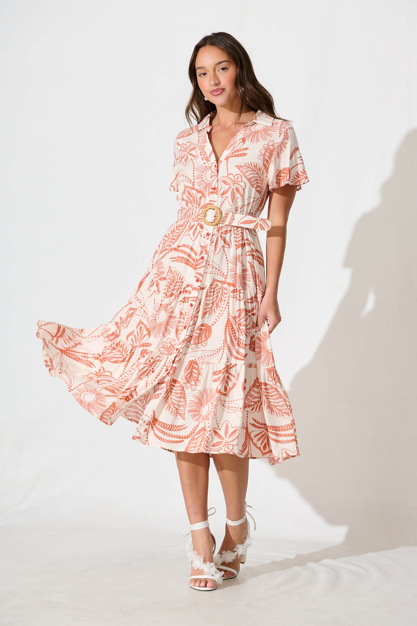 Samsara Midi Shirt Dress in Cream with Rust