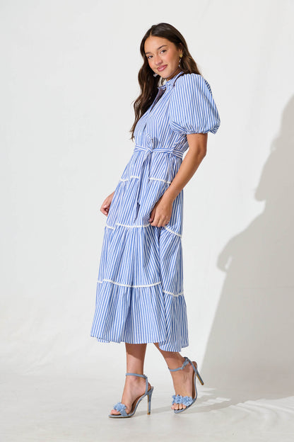 Riverina Midi Shirt Dress in Blue with White Stripe Cotton