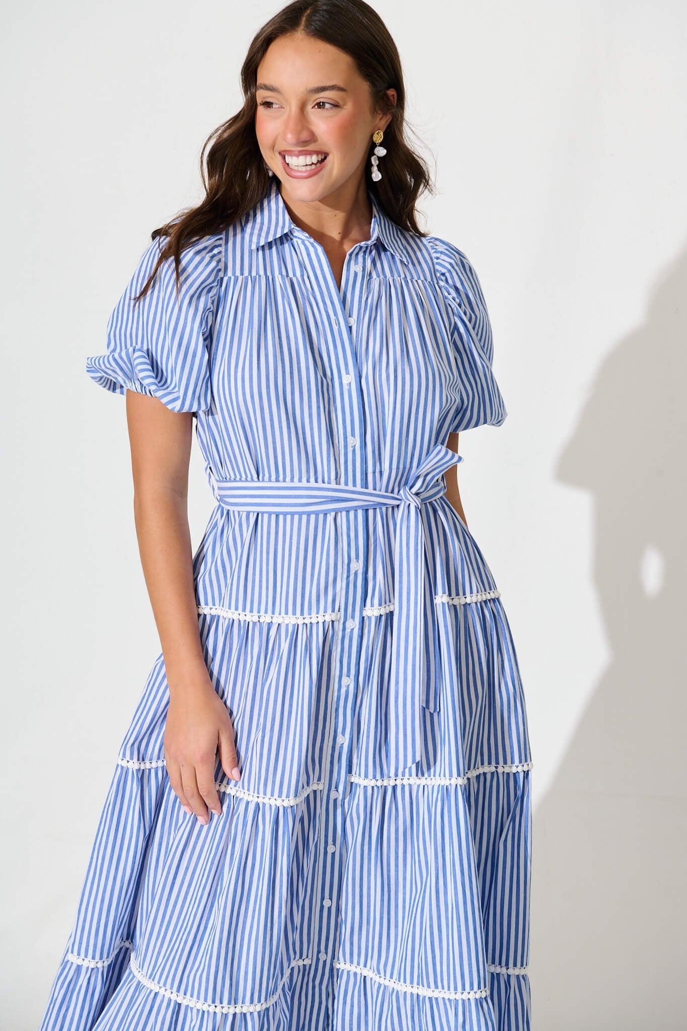 Riverina Midi Shirt Dress in Blue with White Stripe Cotton