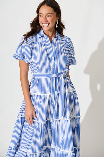 Riverina Midi Shirt Dress in Blue with White Stripe Cotton