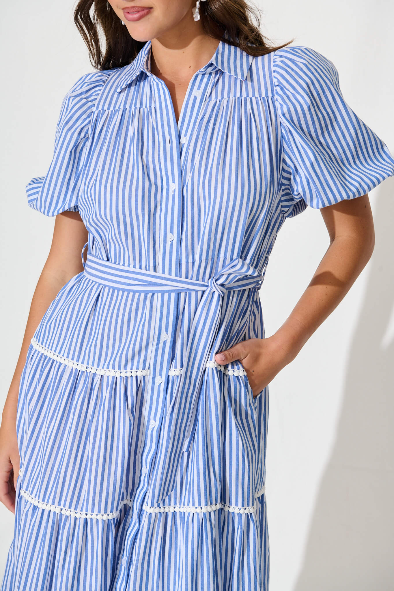 Riverina Midi Shirt Dress in Blue with White Stripe Cotton