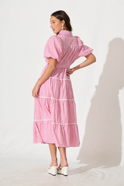 Riverina Midi Shirt Dress in Pink with White Stripe Cotton