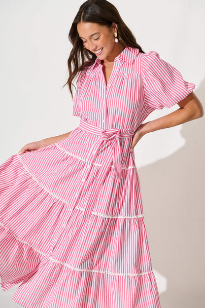 Riverina Midi Shirt Dress in Pink with White Stripe Cotton