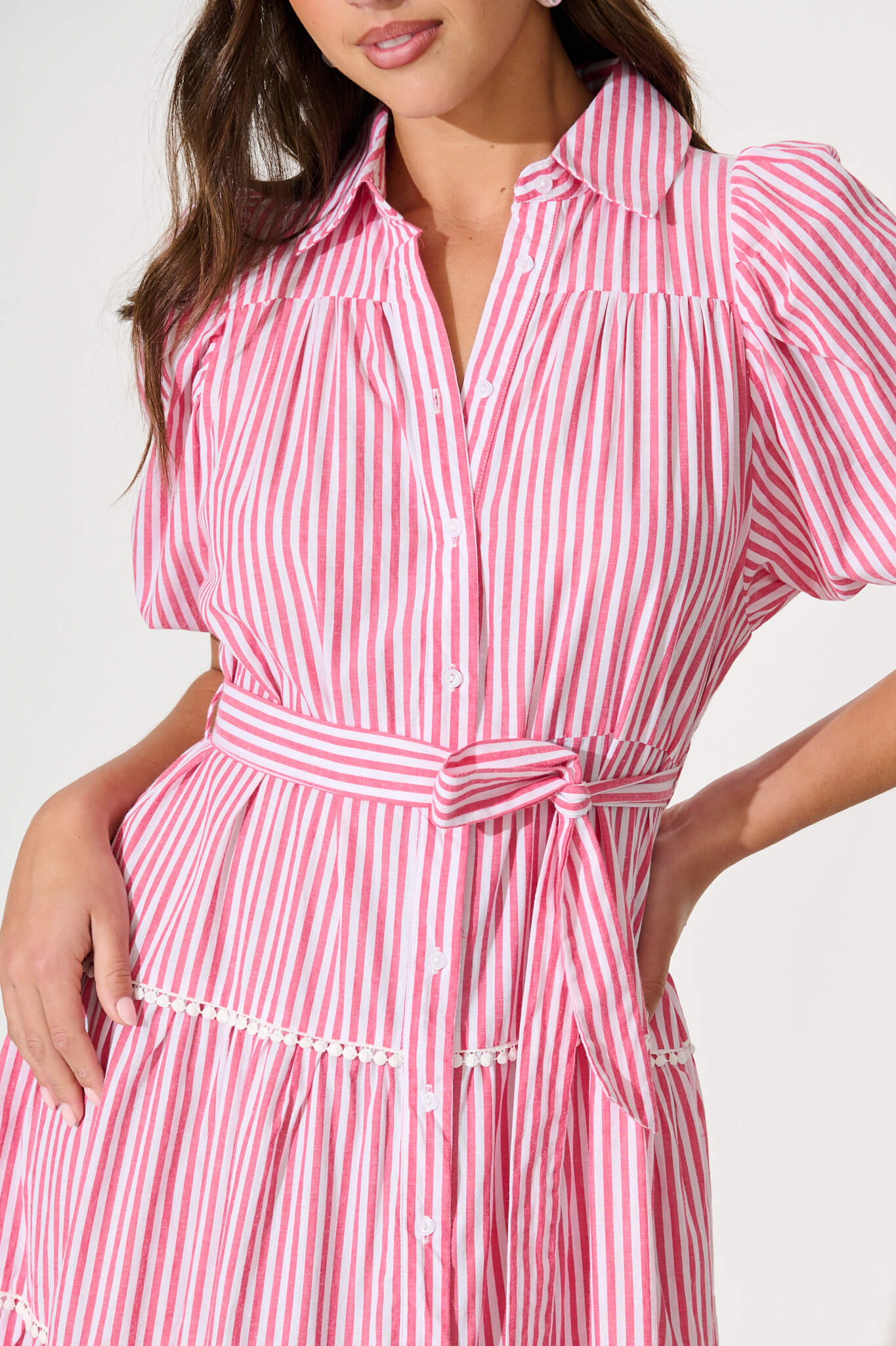 Riverina Midi Shirt Dress in Pink with White Stripe Cotton