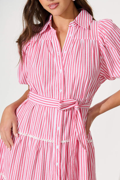 Riverina Midi Shirt Dress in Pink with White Stripe Cotton