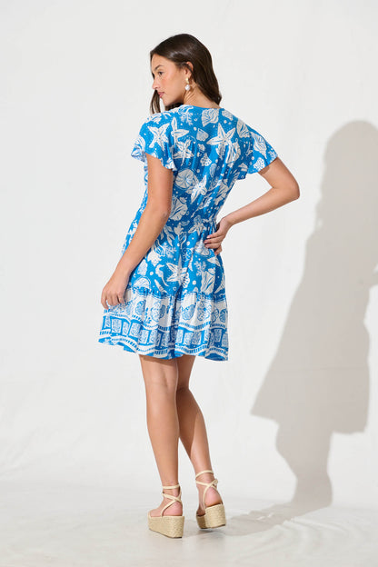 Kimbra Dress In Blue and White Shell Print