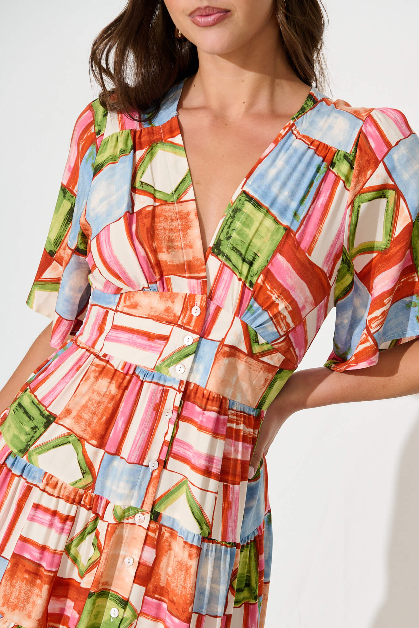 Ailish Dress In Rust Multi Squares Print