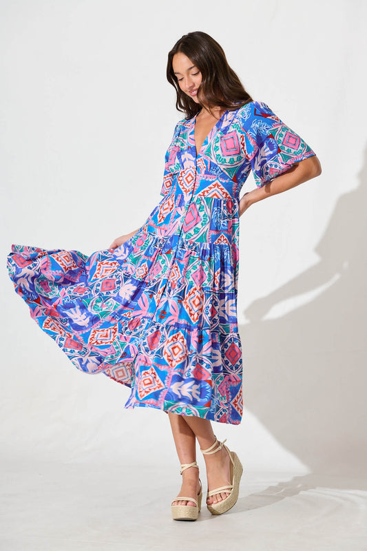 Awayday Midi Dress In Pink and Blue Multi Print