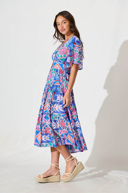 Awayday Midi Dress In Pink and Blue Multi Print
