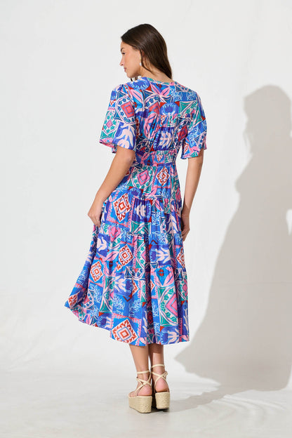 Awayday Midi Dress In Pink and Blue Multi Print