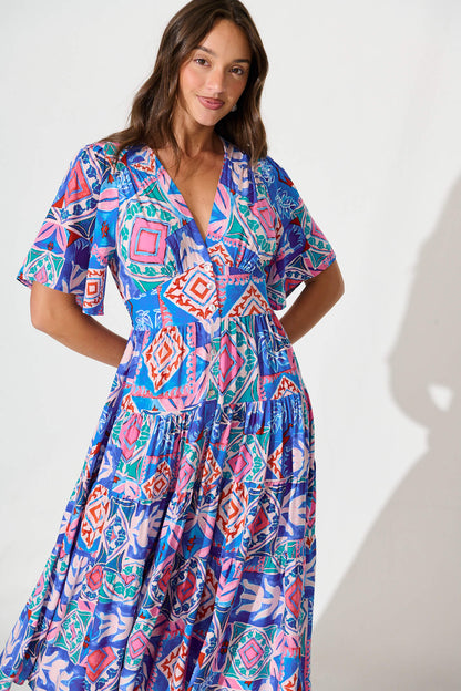 Awayday Midi Dress In Pink and Blue Multi Print