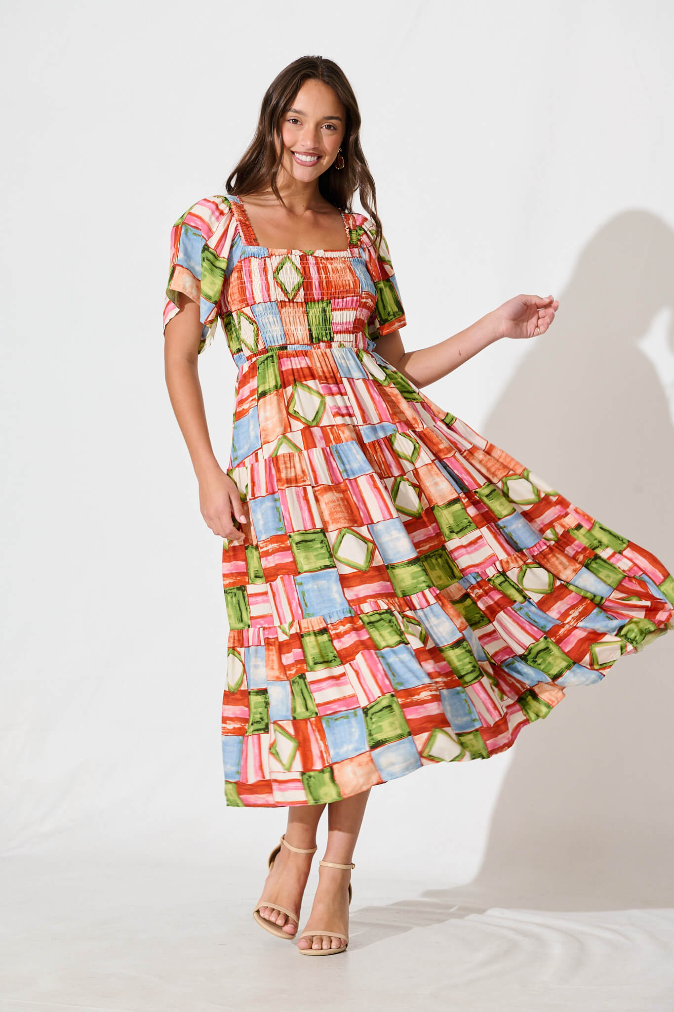 Jessica Midi Dress in Rust Multi Squares Print