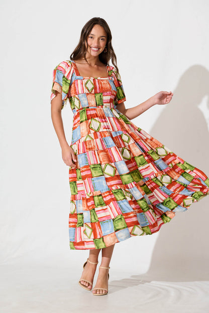 Jessica Midi Dress in Rust Multi Squares Print
