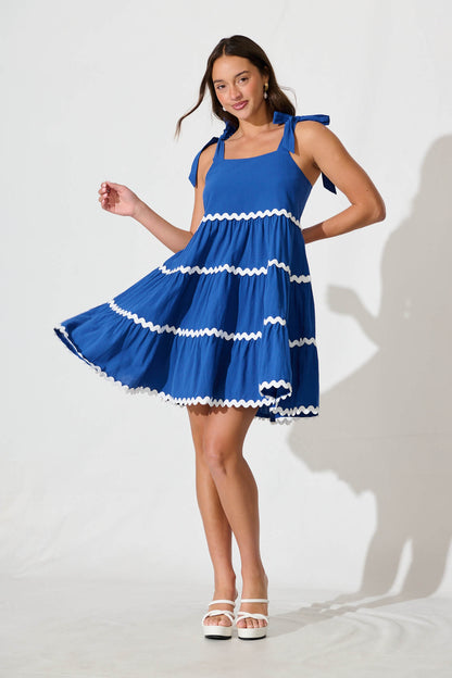 Claus Dress In Blue With White Ric Rac Trim Cotton