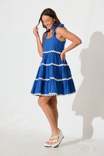Claus Dress In Blue With White Ric Rac Trim Cotton
