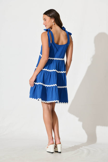 Claus Dress In Blue With White Ric Rac Trim Cotton