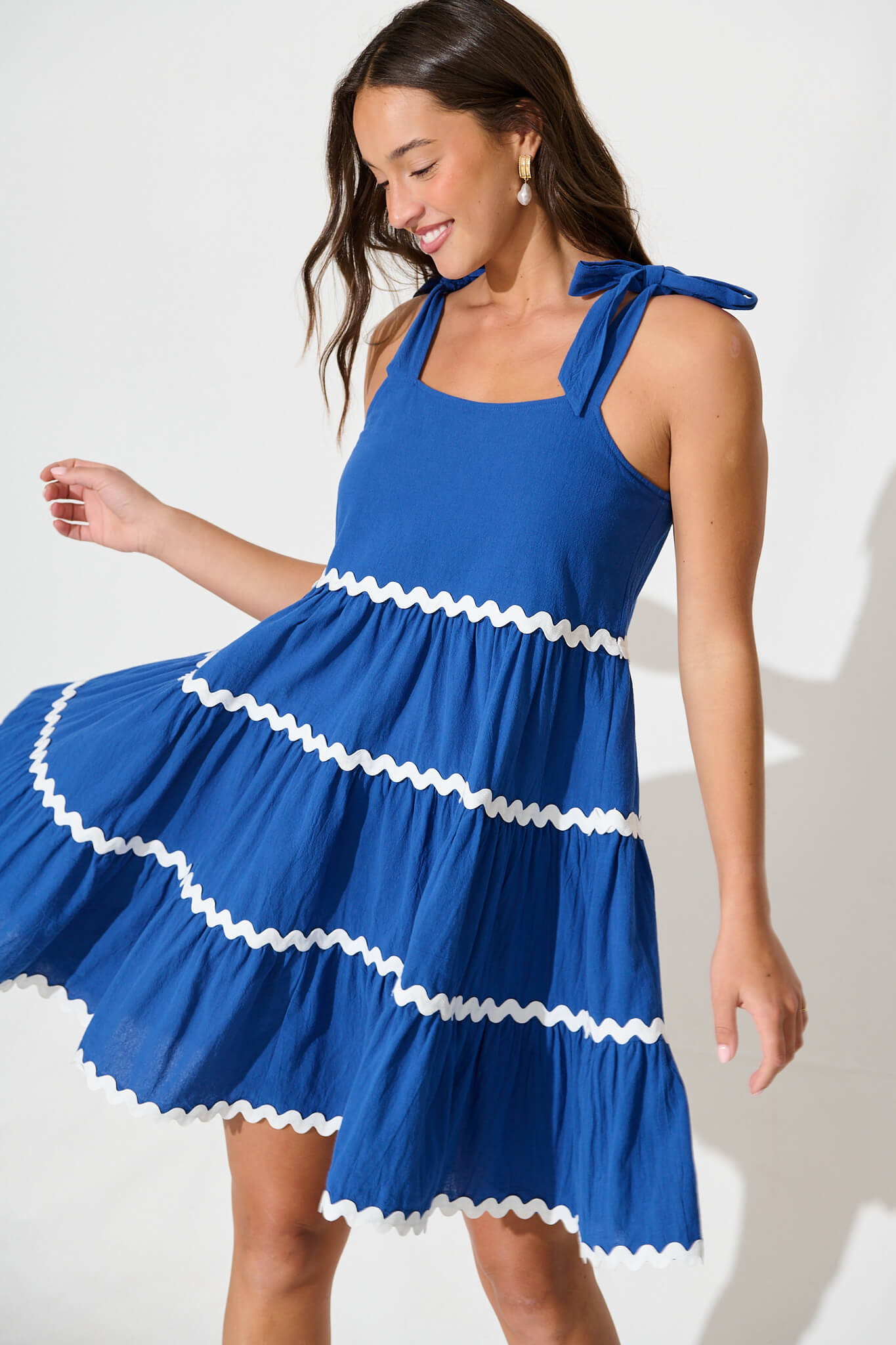 Claus Dress In Blue With White Ric Rac Trim Cotton