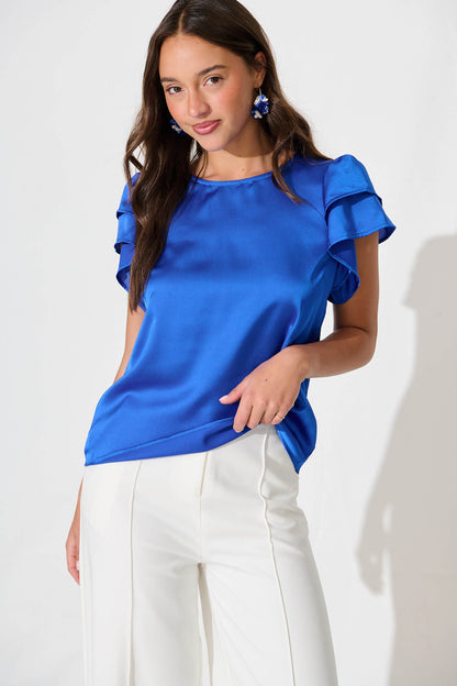 Tasmyn Top In Cobalt Blue Satin