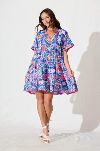 Rodine Smock Dress in Pink and Blue Multi with Contrast trim