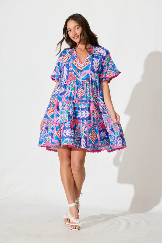 Rodine Smock Dress in Pink and Blue Multi with Contrast trim