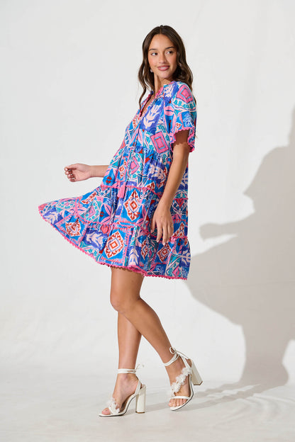 Rodine Smock Dress in Pink and Blue Multi with Contrast trim