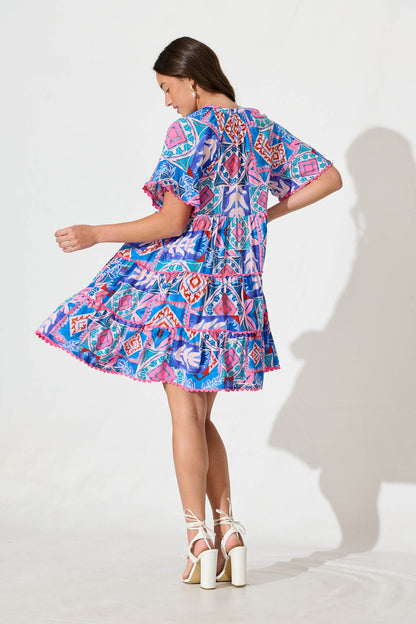 Rodine Smock Dress in Pink and Blue Multi with Contrast trim
