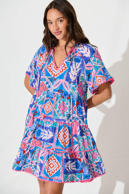 Rodine Smock Dress in Pink and Blue Multi with Contrast trim