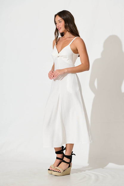 Roselani Midi Sundress in White Cotton Linen Blend