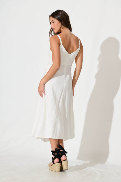 Roselani Midi Sundress in White Cotton Linen Blend