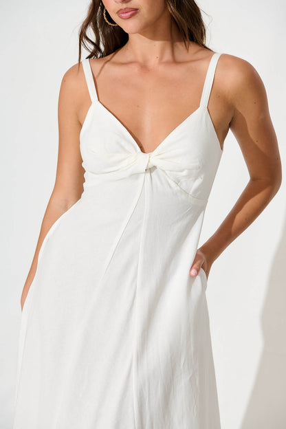 Roselani Midi Sundress in White Cotton Linen Blend