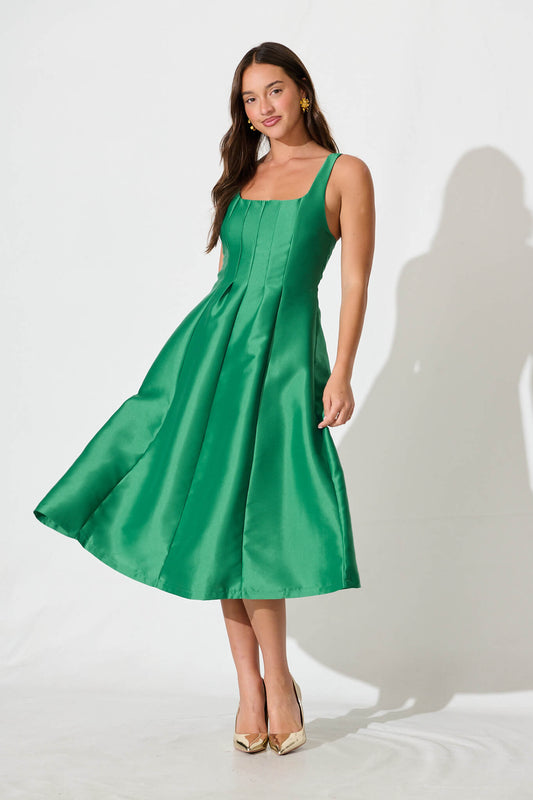 Maricelle Midi Dress in Green Sateen