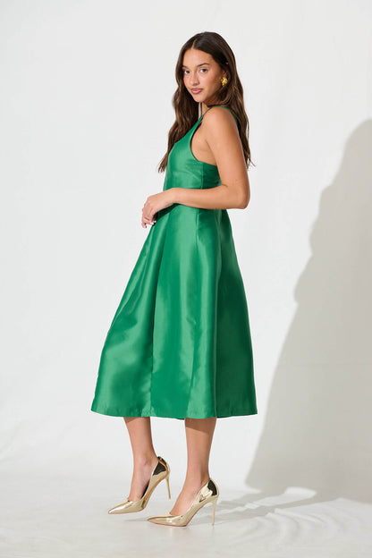 Maricelle Midi Dress in Green Sateen