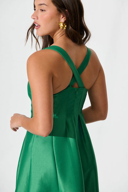 Maricelle Midi Dress in Green Sateen