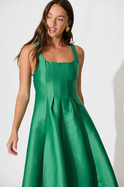 Maricelle Midi Dress in Green Sateen