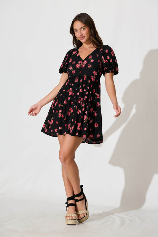 Anvi Dress in Black with Red Floral
