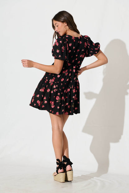 Anvi Dress in Black with Red Floral