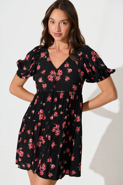 Anvi Dress in Black with Red Floral