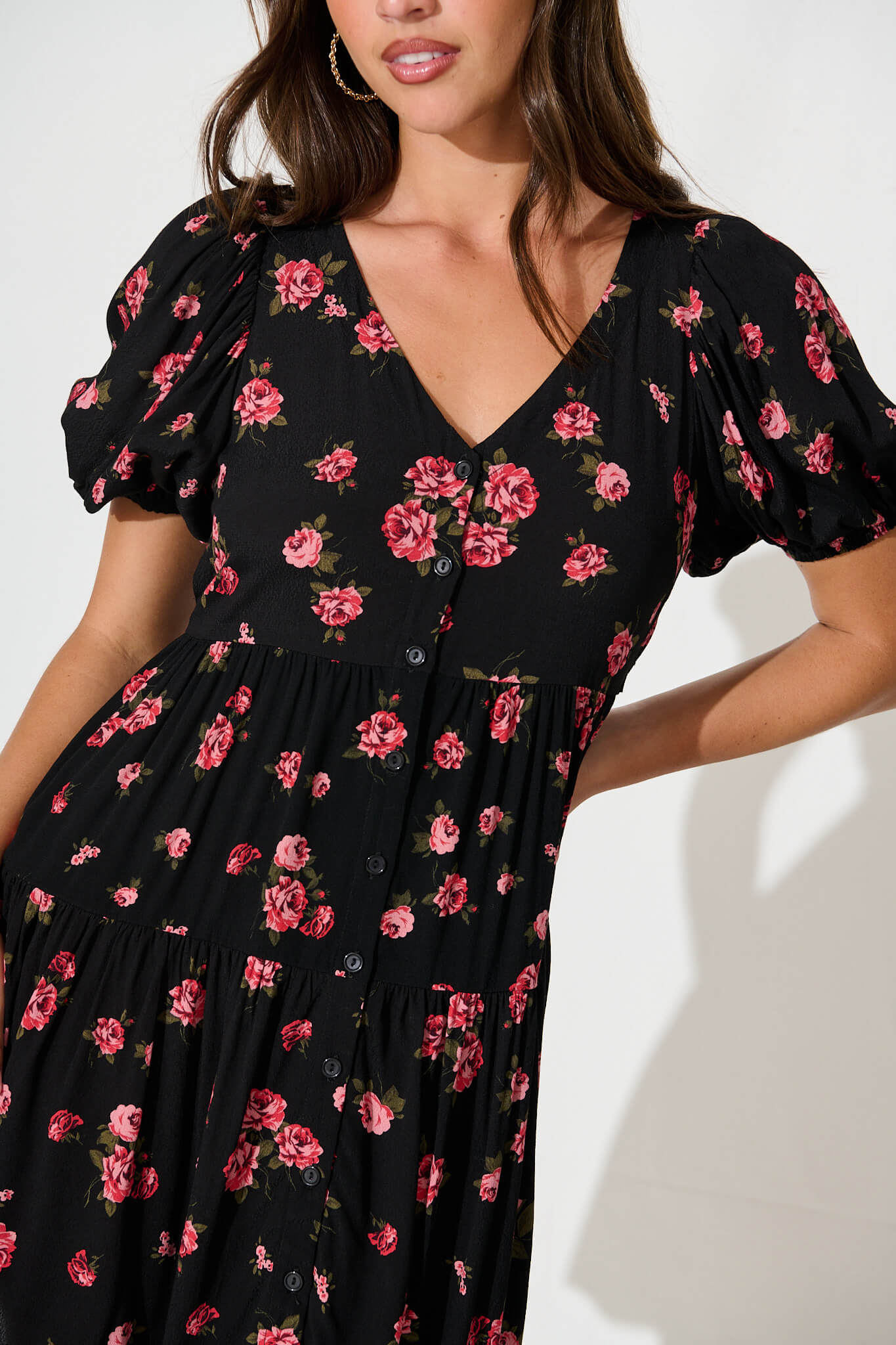 Anvi Dress in Black with Red Floral