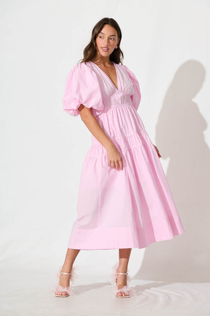 PRE ORDER Amalie Midi Dress In Pale Pink Cotton