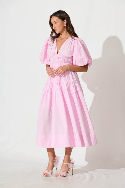 PRE ORDER Amalie Midi Dress In Pale Pink Cotton