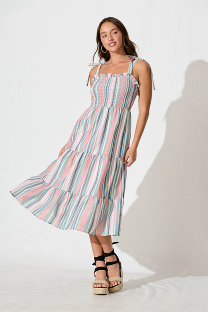 Marabel Midi Sundress in Multi Stripe Cotton Blend