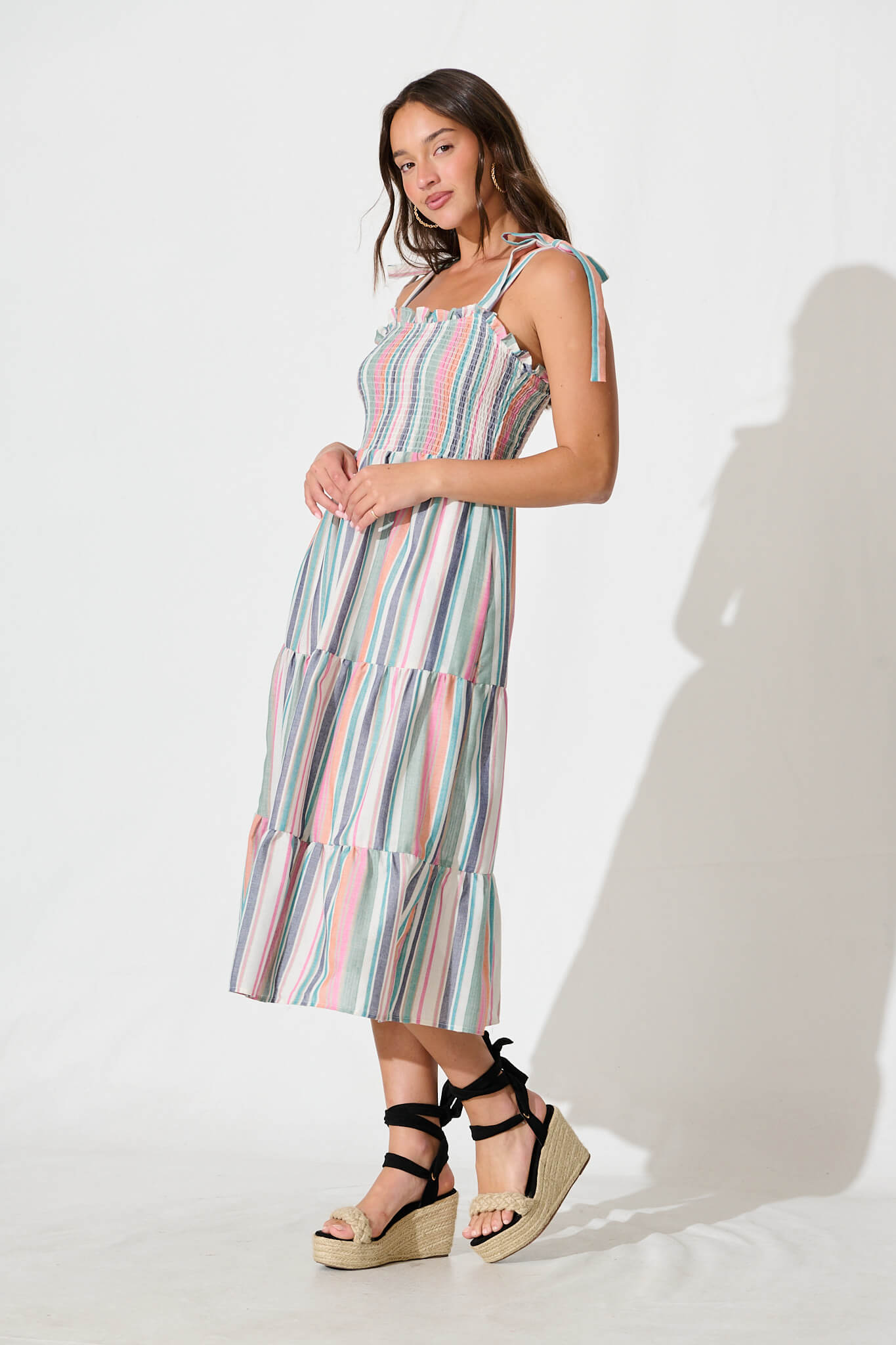 Marabel Midi Sundress in Multi Stripe Cotton Blend