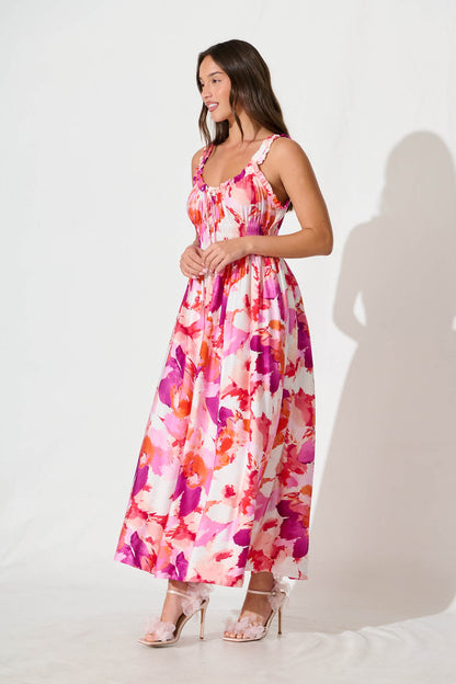 Valentina Maxi Sundress in White With Pink Multi Floral