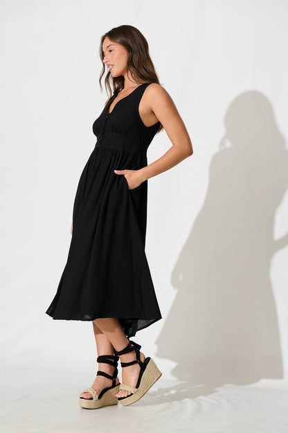 Ryland Midi Dress in Black Linen Cotton