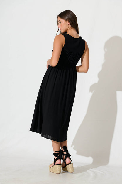 Ryland Midi Dress in Black Linen Cotton