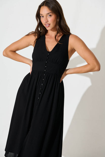 Ryland Midi Dress in Black Linen Cotton