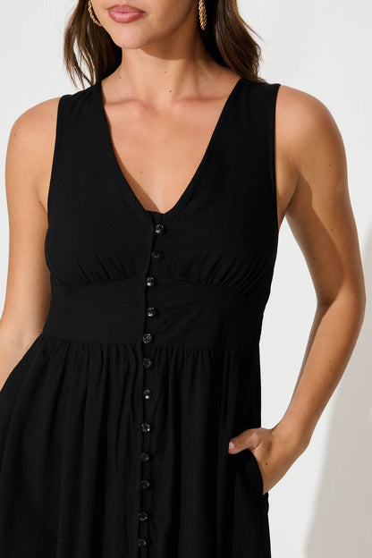 Ryland Midi Dress in Black Linen Cotton